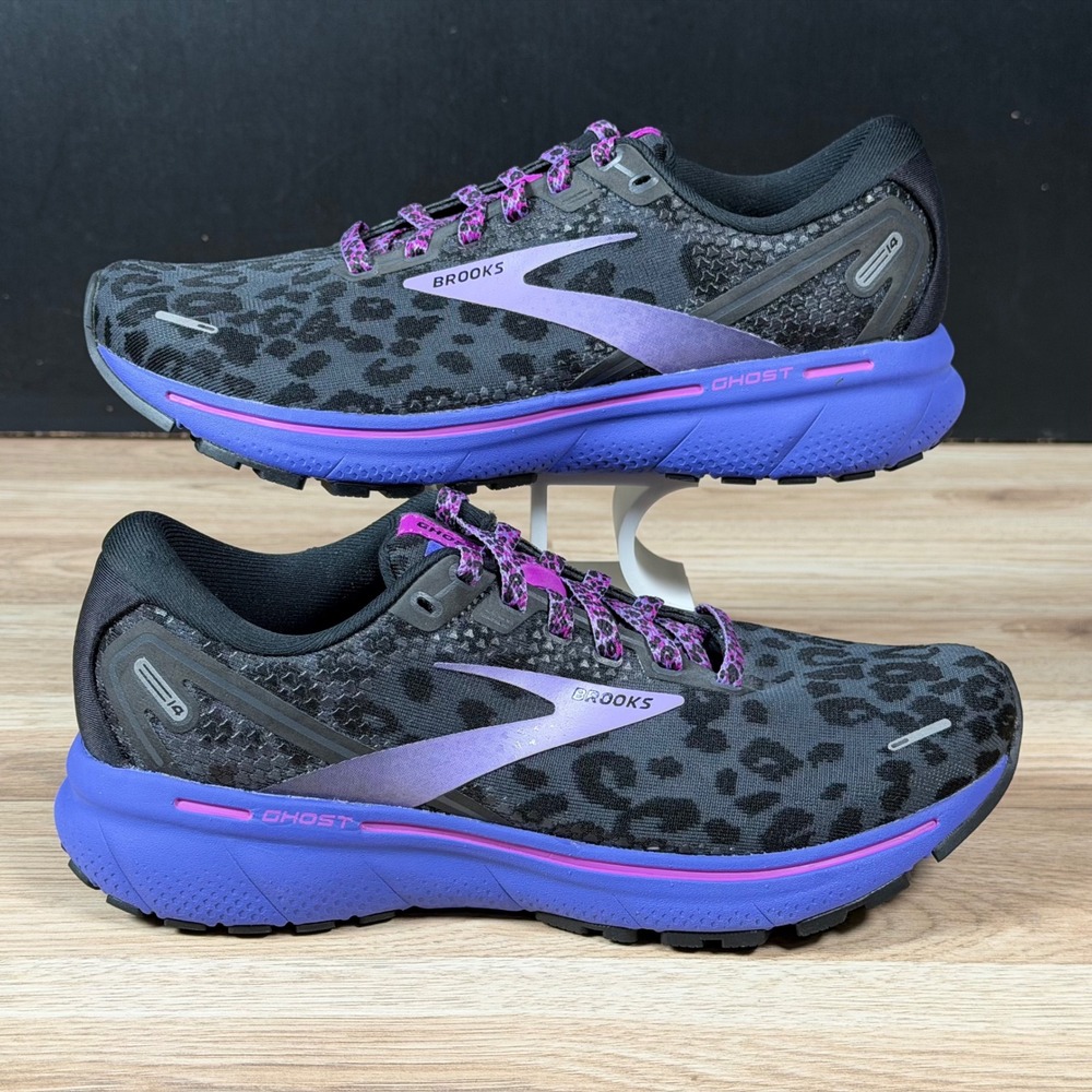 Brooks Ghost 14 Shoes Womens Size 8 Black Purple Leopard Print Running Athletic